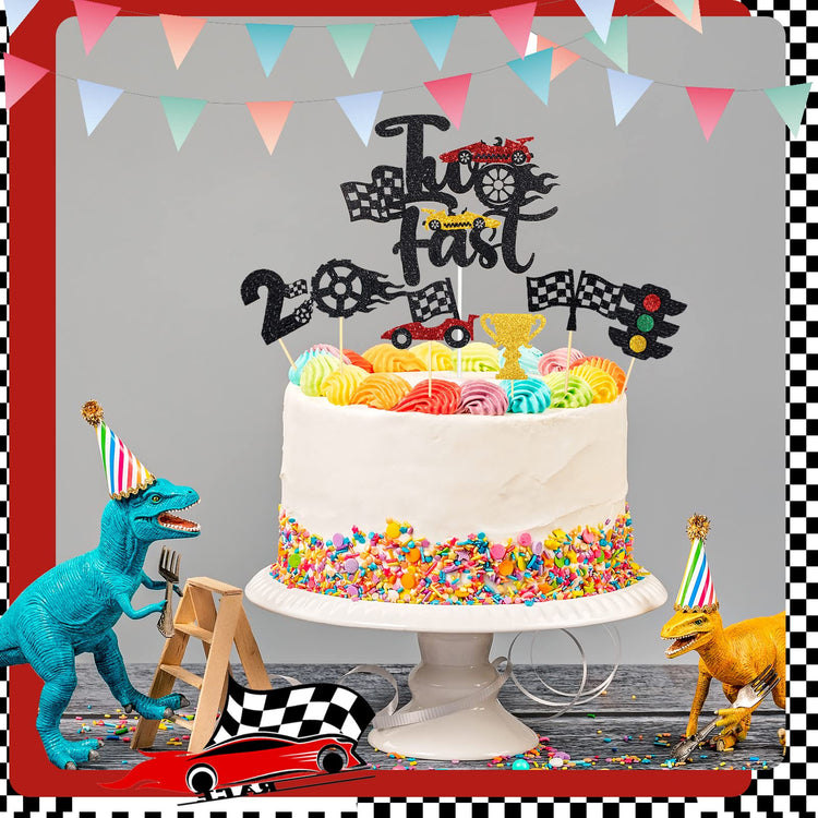 49 Pack Two Fast Cake Toppers Car Cupcake Toppers Decoration Double Sided Trophy Flag Race Car Birthday Party Supplies