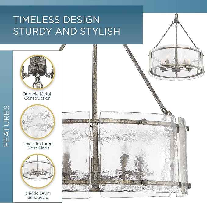 Quoizel Fortress Pendant Lighting, 21 Inch 5-Light Mottled Silver Drum Light, Max Adjustable Height 77", Textured Glass Pendant Light for Kitchen Island, Dining, Hallway or Bedroom