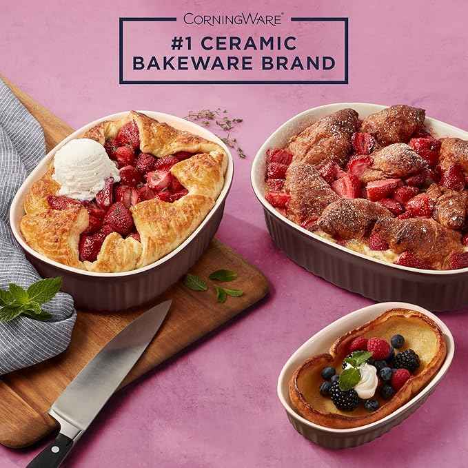 CorningWare Ceramic Bakeware Set with Lids, Chip and Crack Resistant Stoneware Baking Dish, Microwave, Dishwasher, Oven, Freezer and Fridge Safe, 6-Piece French Cabernet