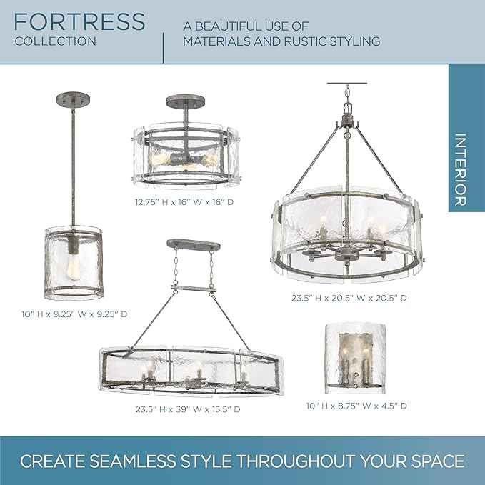 Quoizel Fortress Pendant Lighting, 21 Inch 5-Light Mottled Silver Drum Light, Max Adjustable Height 77", Textured Glass Pendant Light for Kitchen Island, Dining, Hallway or Bedroom