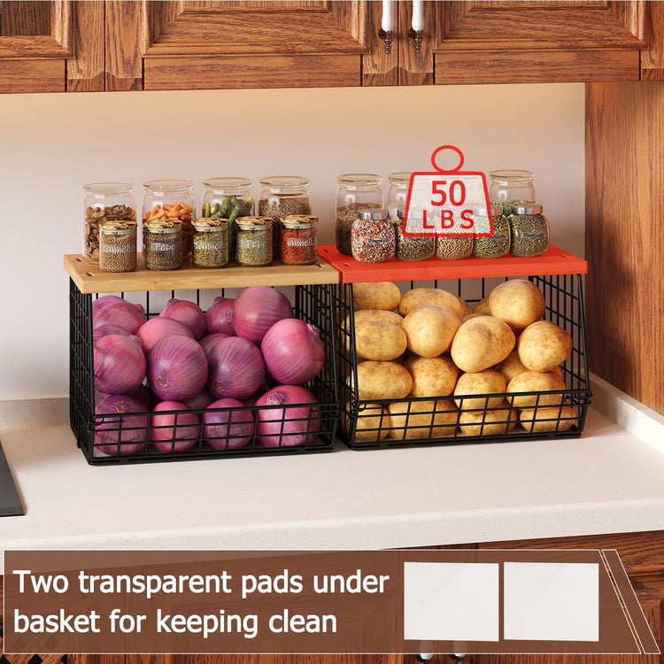 2 Set Stackable Wire Basket with Wooden Tops & Pad for kitchen organizers and storage (2 Count)