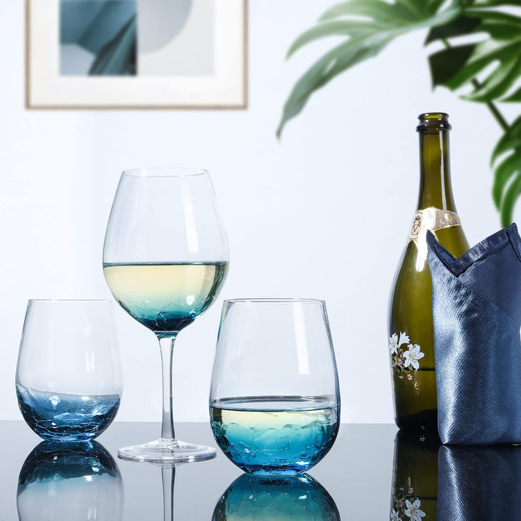 Handmade Blue Stemless Crackle Wine Glasses Cups
