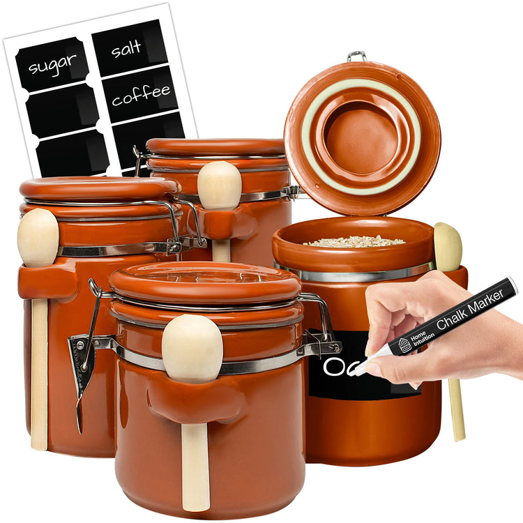 Ceramic Kitchen Canisters Set of 4 with Wooden Spoon Set (4 Count)