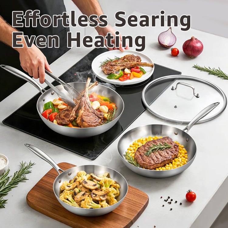 8”/9.5”/11” Stainless Steel Pans Set with Lid, Riveted Handle