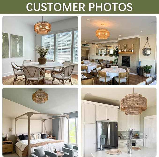 24” Boho Large Rattan Chandelier Light Fixture,6-Light Large Hand Woven Pendant Light Fixture Farmhouse Rustic Chandeliers for Kitchen Bedroom, Dining Room, Living Room, Hallway, Foyer