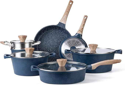 Country Kitchen Non-Stick Cast Aluminum Cookware Set - Durable Kitchen Cookware for Everyday Cooking, Navy, 11 Pc.