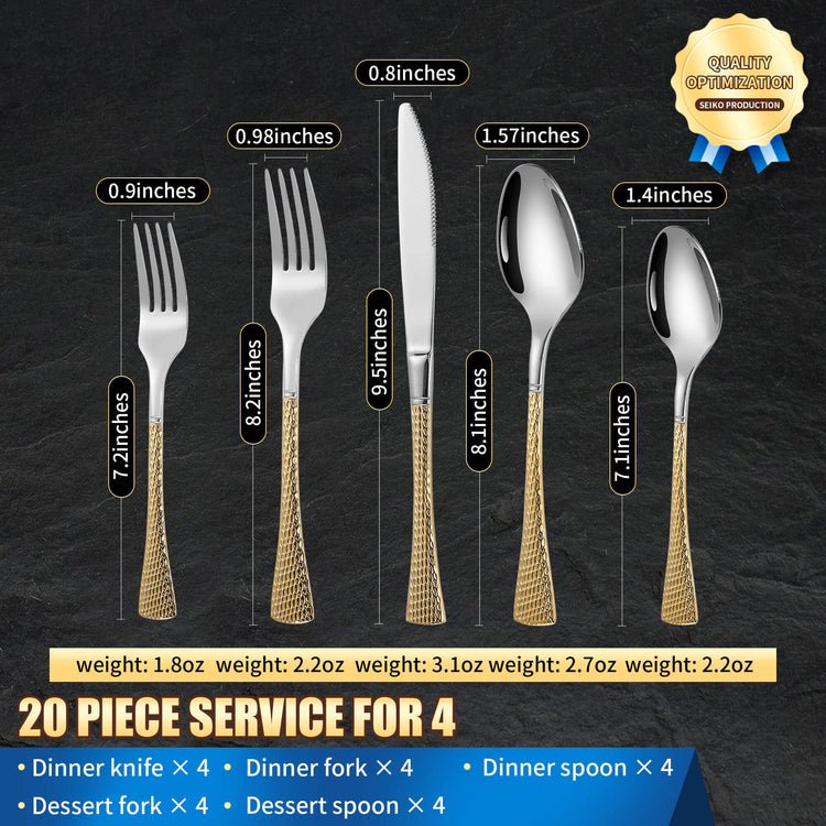 Hammered Silver Gold Silverware Set (20 Count)