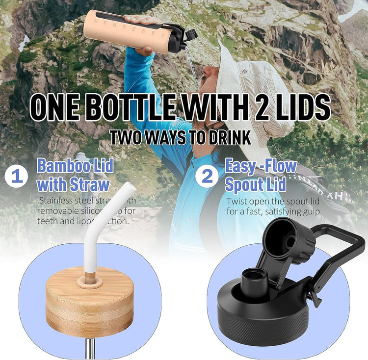 Glass Water Bottle with Straw, 24oz Glass Drinking Bottle with 2 Lids-Bamboo and Spout Lid with Phone Holder Handle for Gym Sports,with Silicone Sleeve and Time Marker,White
