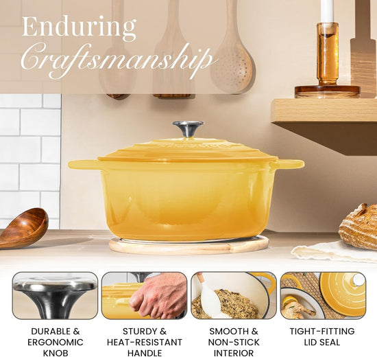 Nuovva Enamelled Cast Iron Dutch Oven Pot with Lid 6.4 Quart Non Stick Casserole Pot – Heavy Duty & Oven Safe up to 500° F for Bread Baking, Braising, Stews, Roasting – 28cm Yellow - Nestoria
