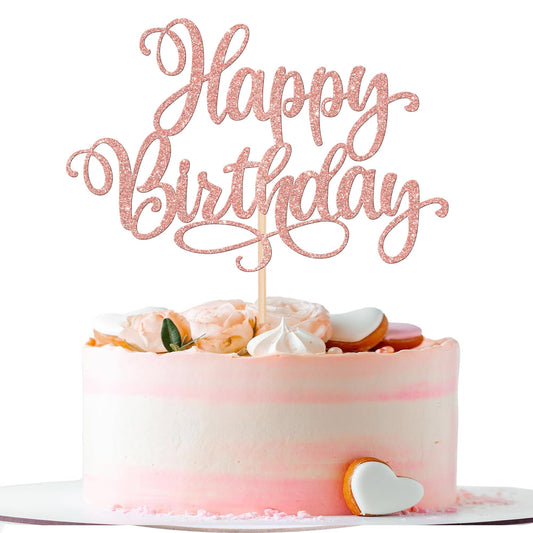1 PCS Happy Birthday Cake Topper Glitter Happy Birthday Cake Pick for Celebrating Happy Birthday Anniversary Party Cake Decorations Supplies Rose Gold