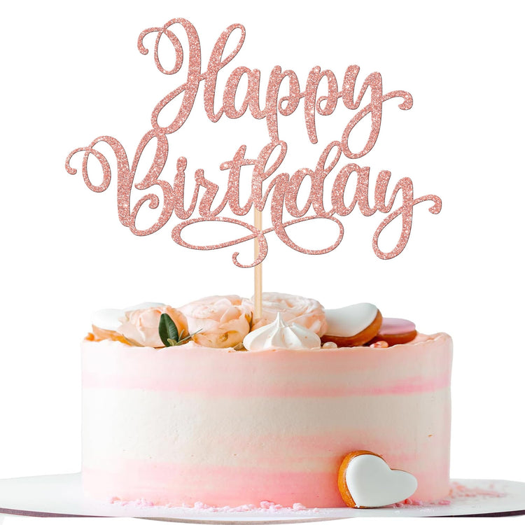 1 PCS Happy Birthday Cake Topper Glitter Happy Birthday Cake Pick for Celebrating Happy Birthday Anniversary Party Cake Decorations Supplies Rose Gold
