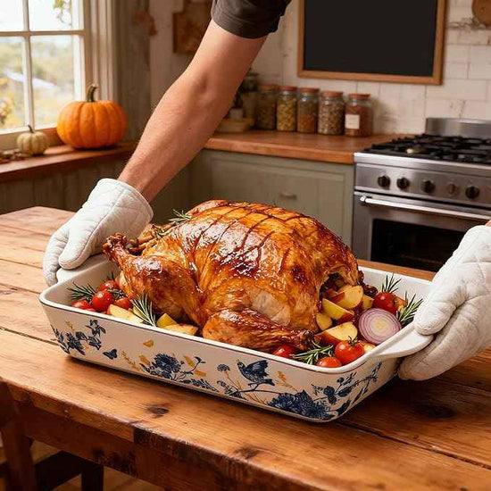 Baking Pans Set of 2 Blue flower 14 inch Ceramic for Oven Large Casserole Baking Dish Set with Handles Porcelain Bakeware Sets Casserole Dish for Oven/Cooking/Kitchen/Cake Dinner/Turkey/Pumpkin/Thanksgiving Holiday Gifts