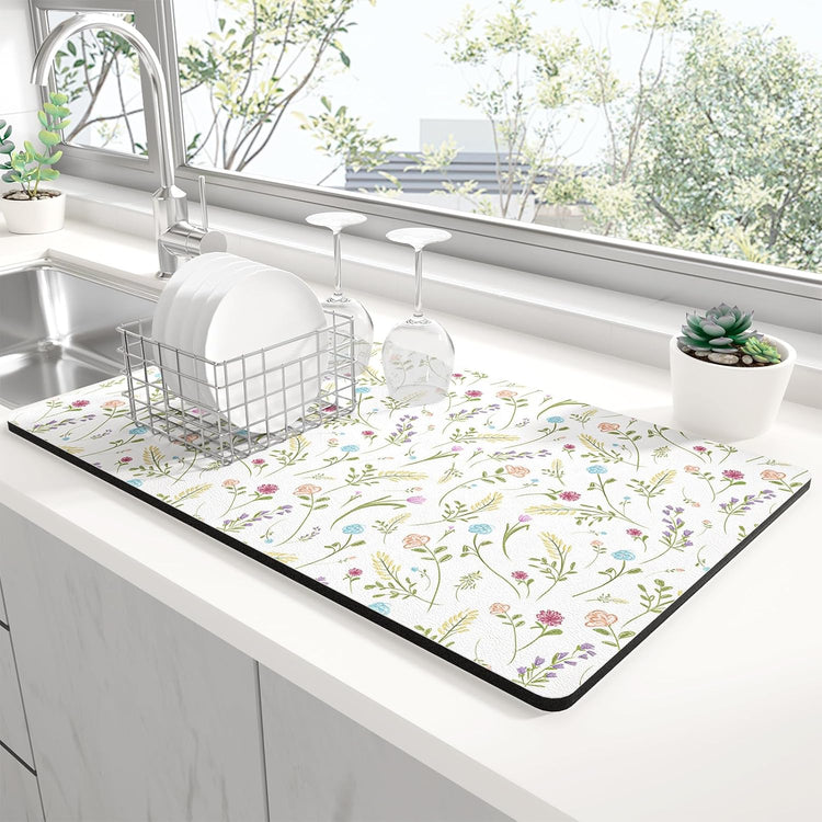Rnivvi Dish Drying Mat for Kitchen Counter, 12 x 19" Cute Flower Theme Super Absorbent Draining Pad, Non-Slip Heat Resistant Coffee Bar Mat for Coffee Machine Station Accessories, White Dish Rack Pad