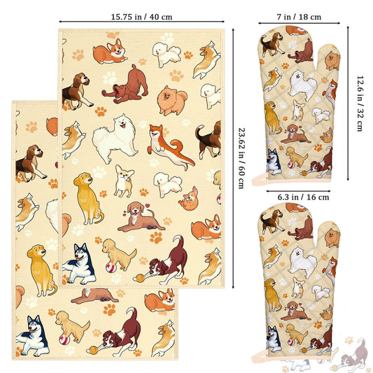 Cute Dogs Kitchen Towels and Oven Mitts Set 4Pcs (4 Count)