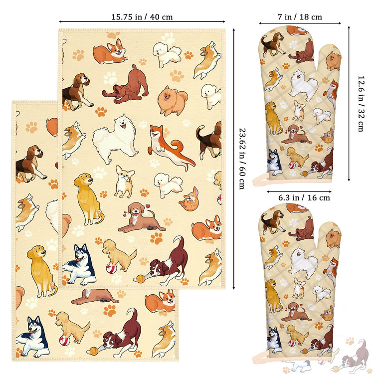 Cute Dogs Kitchen Towels and Oven Mitts Set 4Pcs (4 Count)