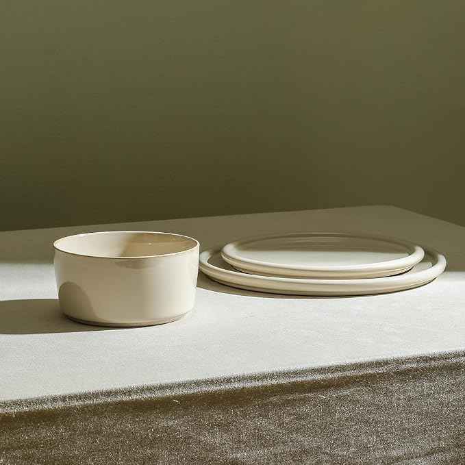 Stone Lain Eden 12-Piece Dinnerware Set Stoneware, Plates and Bowls Set, Dishwasher and Microwave Safe Dish, Dish Set for 4, Beige