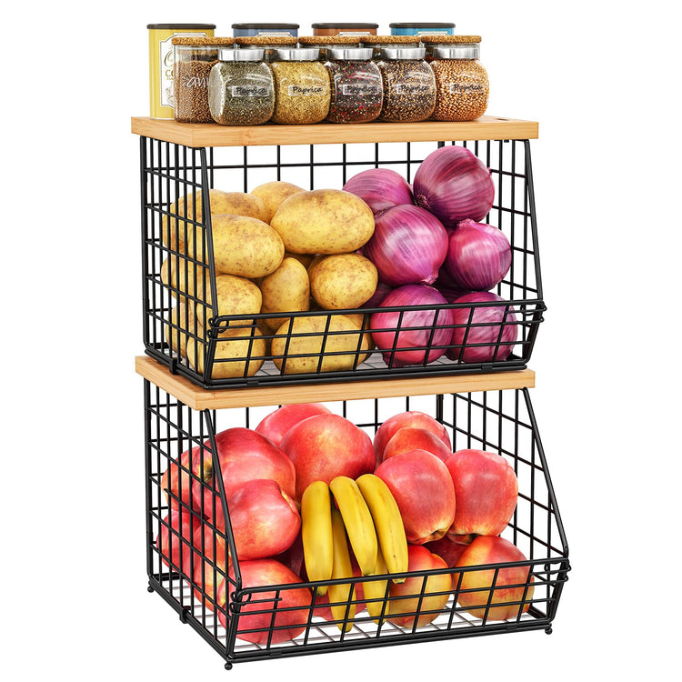 2 Set Stackable Wire Basket with Wooden Tops & Pad for kitchen organizers and storage (2 Count)