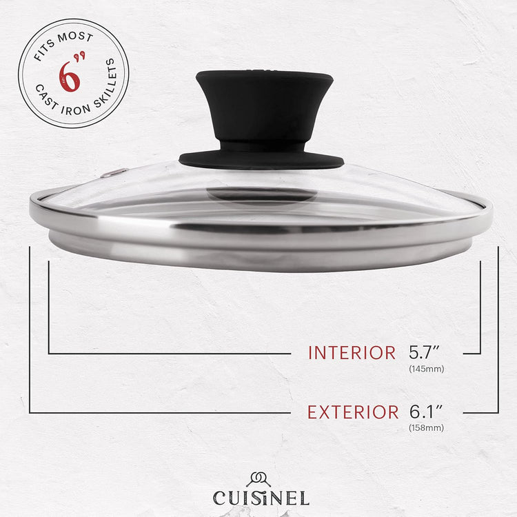 Glass Lid with Steam Vent Hole - 6"-Inch/15.24cm - Compatible with Lodge Cast Iron Skillet Pan - Fully Assembled Universal Replacement Cover - Tempered and Oven Safe - Reinforced Stainless Steel Rim
