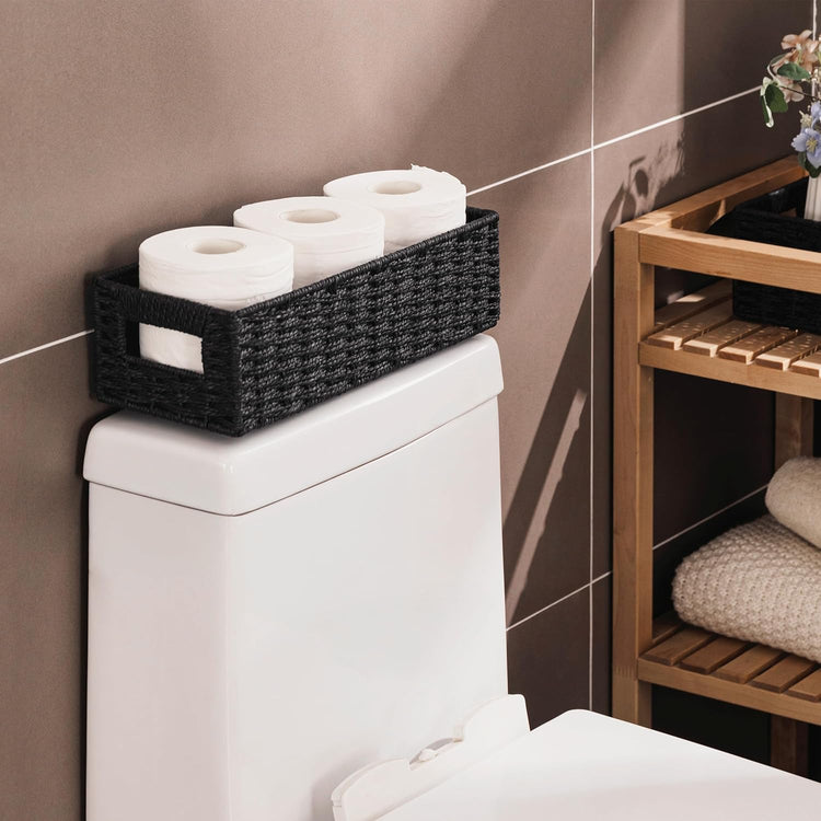 UBBCARE Toilet Tank Basket for Bathroom, Hand Woven Paper Wicker Basket for Organizing, Countertop Decorative Storage Basket with Handles, 2-Pack, Black