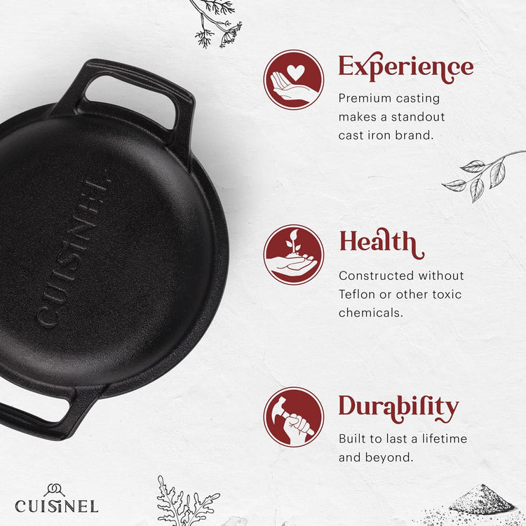 Cuisinel Cast Iron Dutch Oven - 3-Quart Deep Pot - Pre-Seasoned 2-in-1 Multi-Cooker - Combo Lid Doubles as 8"-inch Skillet Frying Pan + Silicone Handle Covers + Scraper - Use for Baking Bread - Nestoria