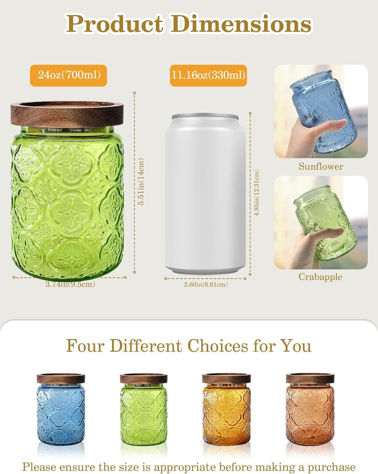 Glass Jars with Airtight Wood Lids – 24 OZ Kitchen and Pantry Canisters Sets, Decorative Vintage Storage Containers for Candy, Coffee, Cookie, Cereal, Flour, Sugar, Tea, Set of 4 Begonia