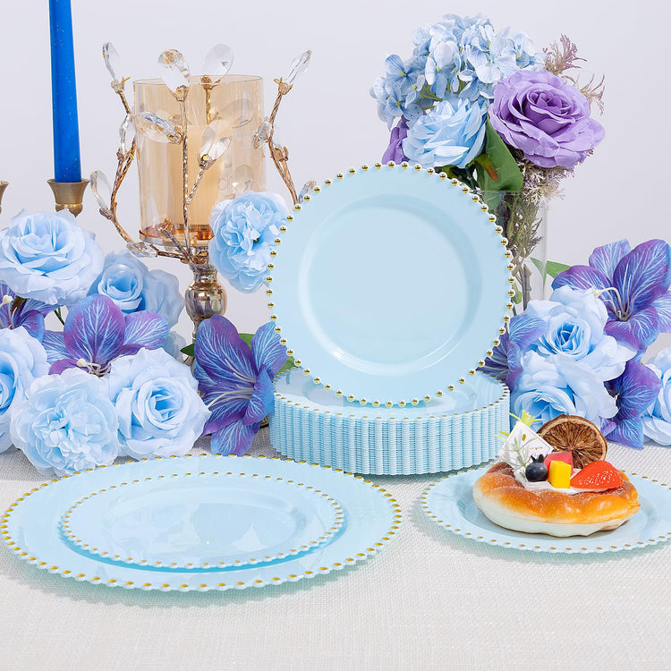 100pcs Light Blue Plastic Plates with Gold Beads for Wedding Party (100 Count)