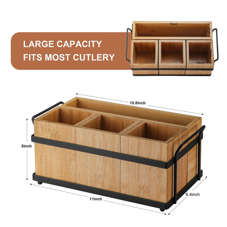 Silverware Caddy Wood Utensil Holder Paper Plate Dispenser Silverware Utensil Caddy Cutlery Flatware Organizer Box for Spoons Forks Plates Napkins