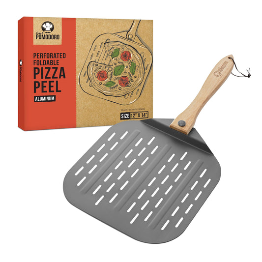 Perforated Aluminum Pizza Peel 12x14 in Foldable Wood Handle