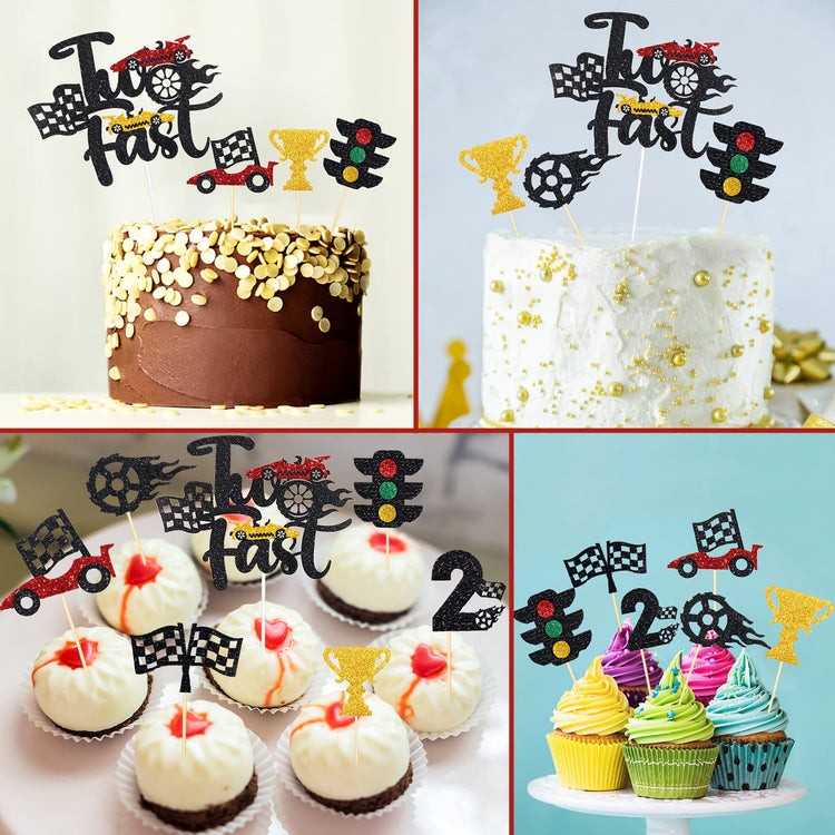 49 Pack Two Fast Cake Toppers Car Cupcake Toppers Decoration Double Sided Trophy Flag Race Car Birthday Party Supplies