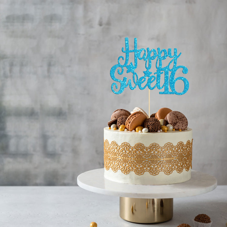 1Pc Happy Sweet 16 Cake Topper Glitter 16th Birthday Cake Pick for Cheers to 16 Years Old 16th Birthday Party Cake Decorations Supplies Light Blue