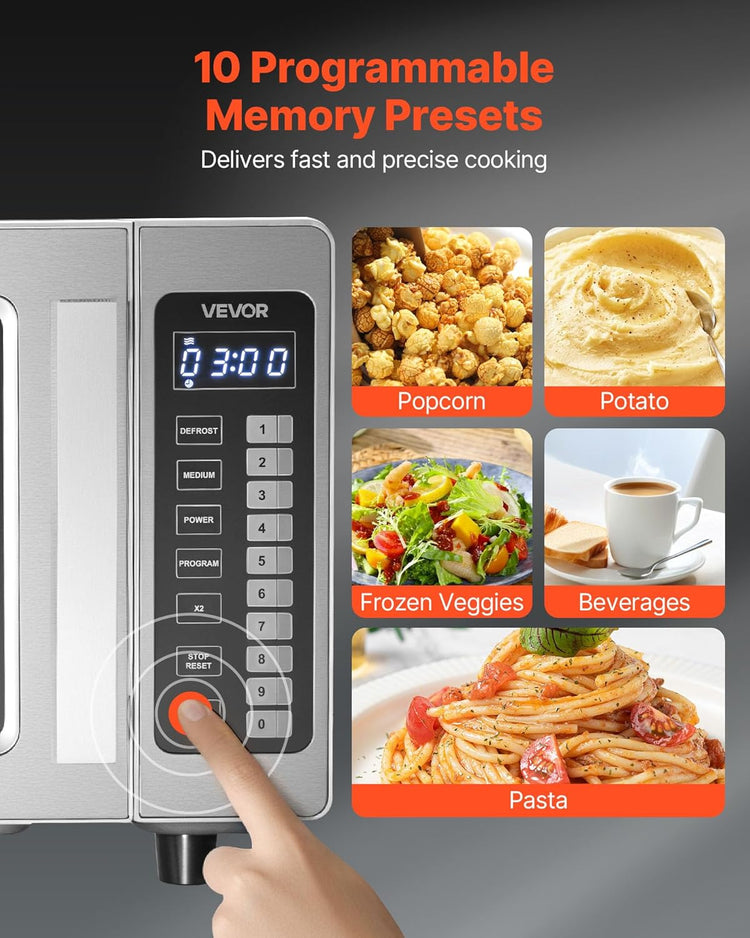 VEVOR Countertop Microwave Oven, 0.9 Cu Ft, 1000W Digital Stainless Steel Microwave Oven with Touchscreen, 10 Cooking Presets, 5 Power Levels, Multi-Lock Door & Easy Clean Interior for Commercial Use