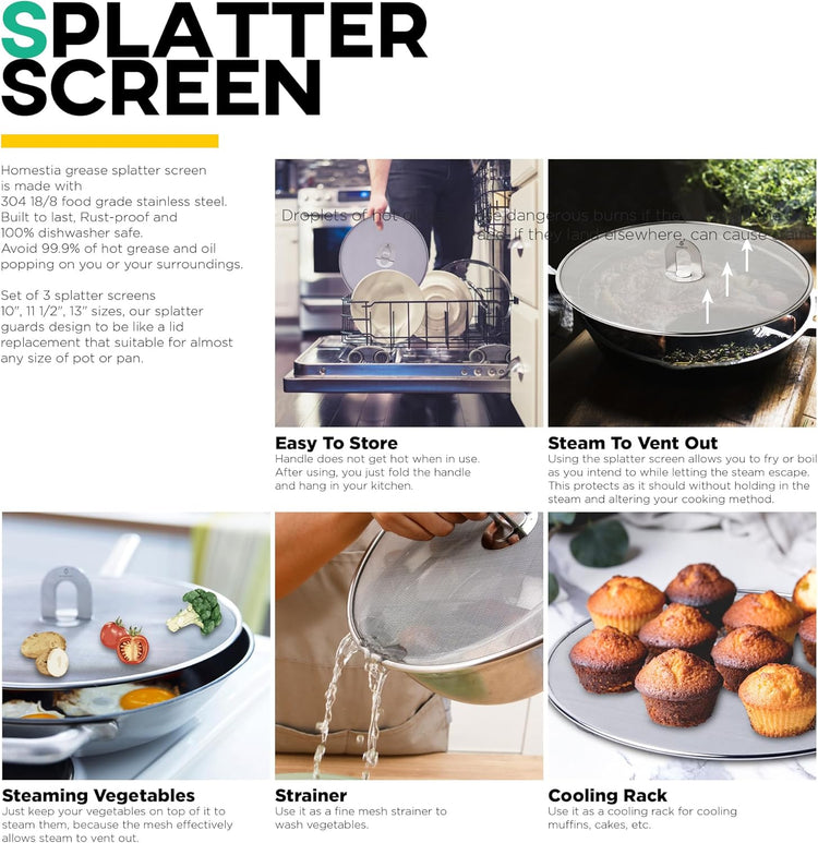 Homestia Splatter Screen for Kitchen, 304 Stainless Steel Fine Mesh Splatter Screen for Frying Pan, 13” Grease Splatter Guard with Fold Flat Knob