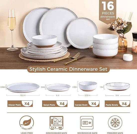 AmorArc Ceramic Dinnerware Sets with Pasta Bowls for 4, Handpainted Plates and Bowls Set with Rustic Terracotta Underside, Scratch Resistant Dishes Set, Dishwasher & Microwave Safe, 16 Pcs-White