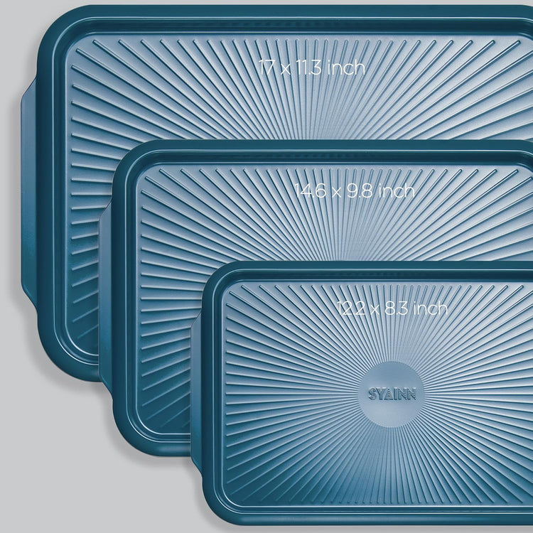 SYAINN Non-stick Ceramic Baking Sheet Set, 3 Pieces- Aluminum Steel Cookie Sheets for Baking-Includes Half/Quarter/Jelly Roll Pans-Warp Resistant, Toxic, PTFE & PFOA Free-Blue