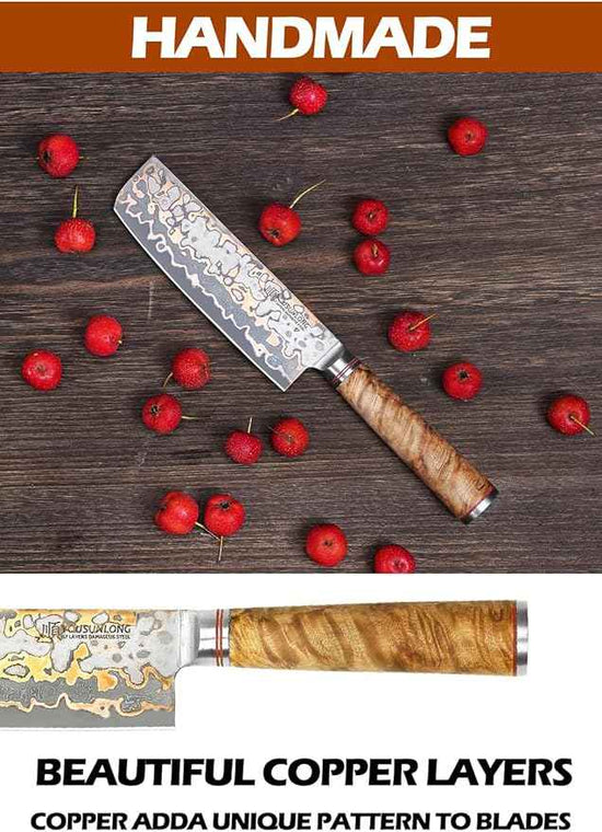 YOUSUNLONG Nakiri Asian Vegetable Knife 6.5“ - Ultra Sharp - Japanese Handmade Copper Damascus Steel Kitchen Knife Chef Knife - Naturel Burl Wooden Handle with Acacia Wood Box and Leather