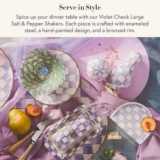 MACKENZIE-CHILDS Enamel Salt and Pepper Shakers, Kitchen Table Accessories, Large, Purple-and-White Violet Check