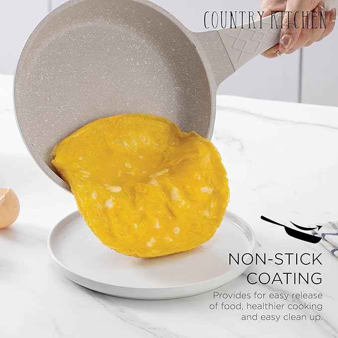 Country Kitchen Non-Stick Cast Aluminum Cookware Set - Durable Kitchen Cookware for Everyday Cooking, Cream Rhombus, 11 Pc.