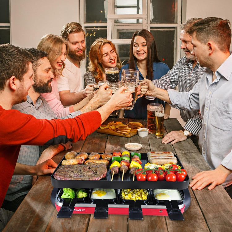 TAMARIT Classic 8 Person Raclette Grill 1500W Electric Tabletop Grill with Reversible Plate, 8 Non-Stick Raclette Trays & Spatulas Indoor Portable Korean BBQ Barbecue Grill, Party Grill Red