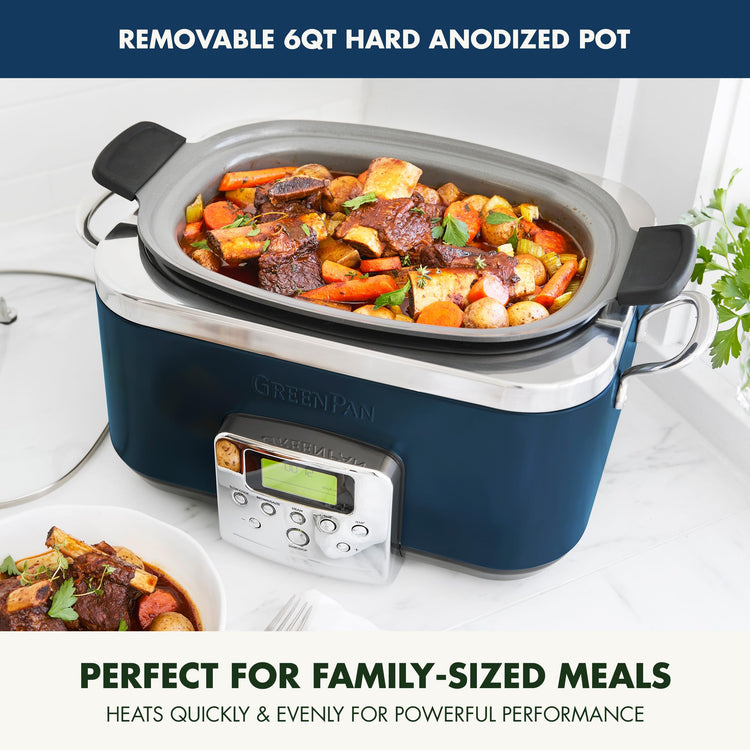 Elite 8-in-1 Programmable 6QT Electric Slow Cooker,Dishwasher Safe Lid & Removable Crock, PFAS-Free Healthy Ceramic Nonstick Multi-Cooker,Sear, Sauté,Brown,Steam Basket,Roast, Oxford Blue