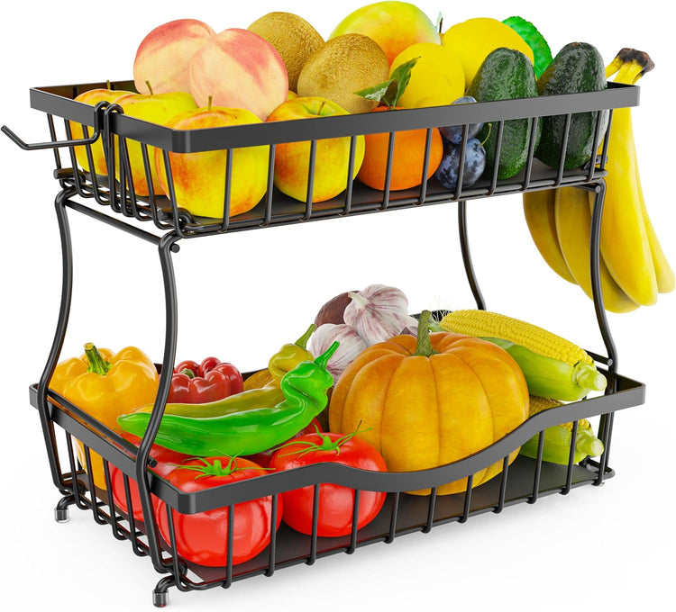 Large 2-Tier Fruit Basket for Kitchen Counter with 2 Banana Hangers – Metal Fruit Bowl for Onion, Vegetable, Snacks, Breads Storage – Countertop Organizer – Black, 14.5" W x 9.5" D