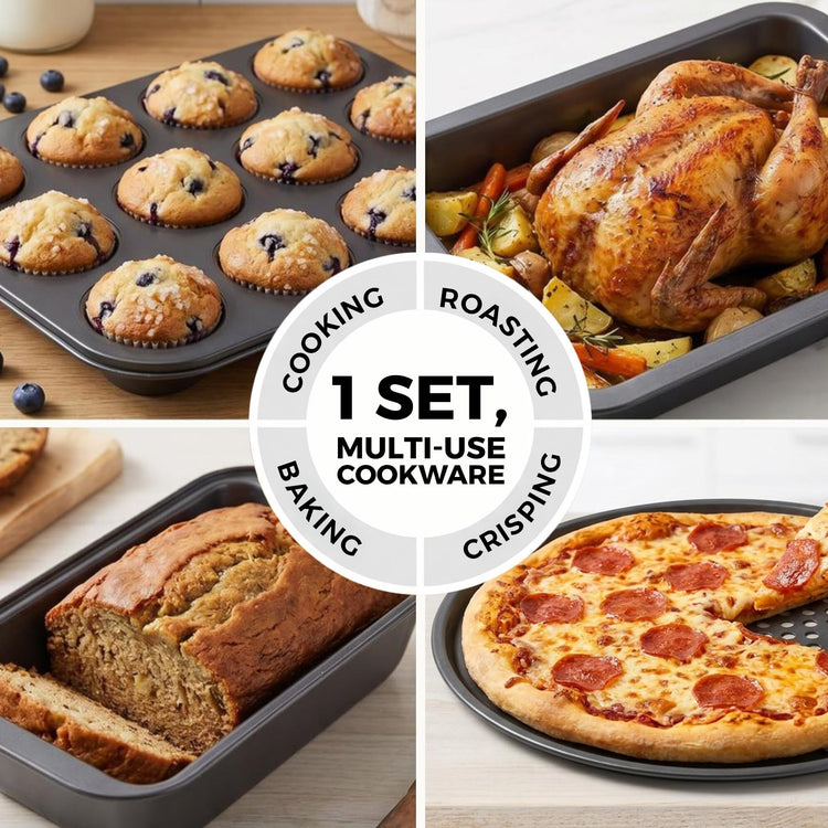 Non-Stick 8-Piece Bakeware Set – Carbon Steel with Even Heat Distribution, Oven Safe to 446°F, BPA-Free, Dishwasher Safe, Stackable Baking Tools for Easy Storage and Everyday Cooking - Gray
