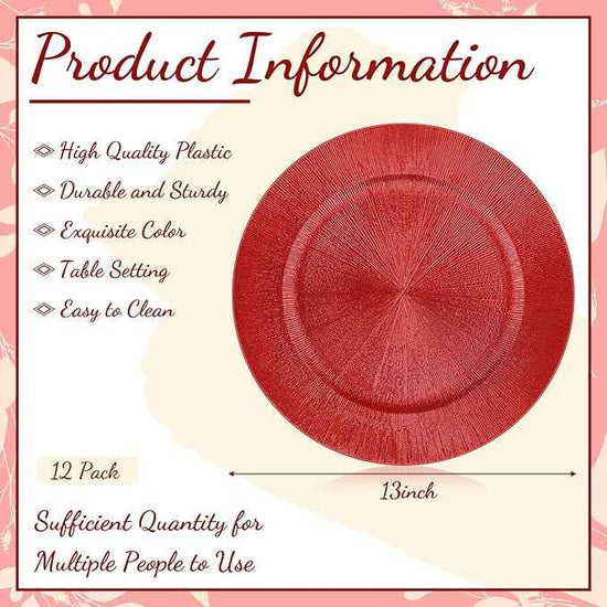 Tanlade 12 Pcs Charger Plates Bulk 13 Inch Plastic Round Wedding Chargers Floral Decorative Plates with Metallic Ruffled Rim for Wedding Party, Holiday Event Supplies(Red)