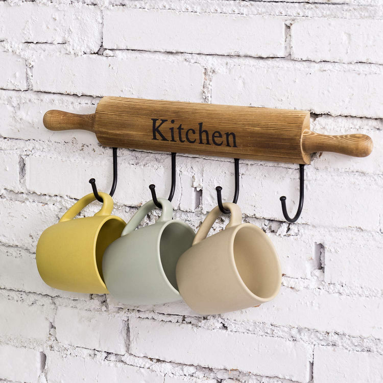 Rustic Burnt Brown Wood Kitchen Hooks for Hanging Cooking Utensils