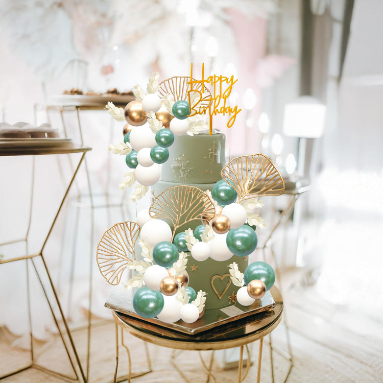 57Pcs Balls Cake Topper Boho Grass Cake topper Pearl Balls Acrylic Happy Birthday Cake Decorations for Wedding Baby Shower Birthday Boho Themed Party Supplies Pearl Green (57 Count)