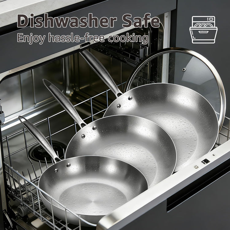 8”/9.5”/11” Stainless Steel Pans Set with Lid, Riveted Handle