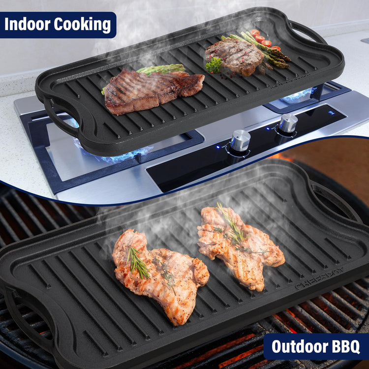 20" Reversible Cast Iron Griddle Grill Pan Double Burner Stovetop