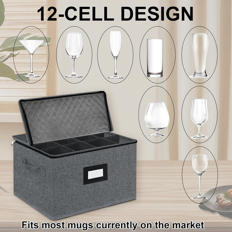 VERONLY Wine Glass Storage Box with Dividers for 12, Hard Shell Stemware Storage Container - Stackable Glassware Case with Handles and Label -Moving Storage for Crystal -Dark Gray