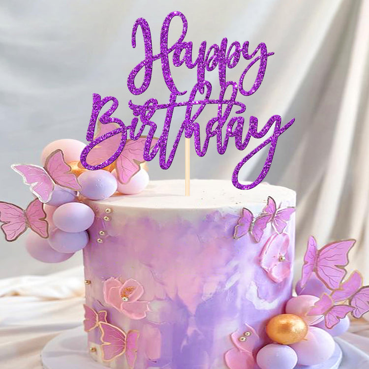 1 PCS Happy Birthday Cake Topper Glitter Happy Birthday Cake Pick for Celebrating Happy Birthday Anniversary Theme Party Cake Decorations Supplies Purple