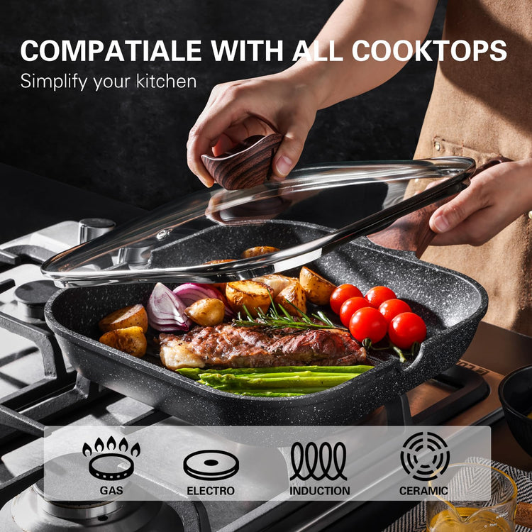 Nonstick Grilling Pan with Lid for Stove Tops