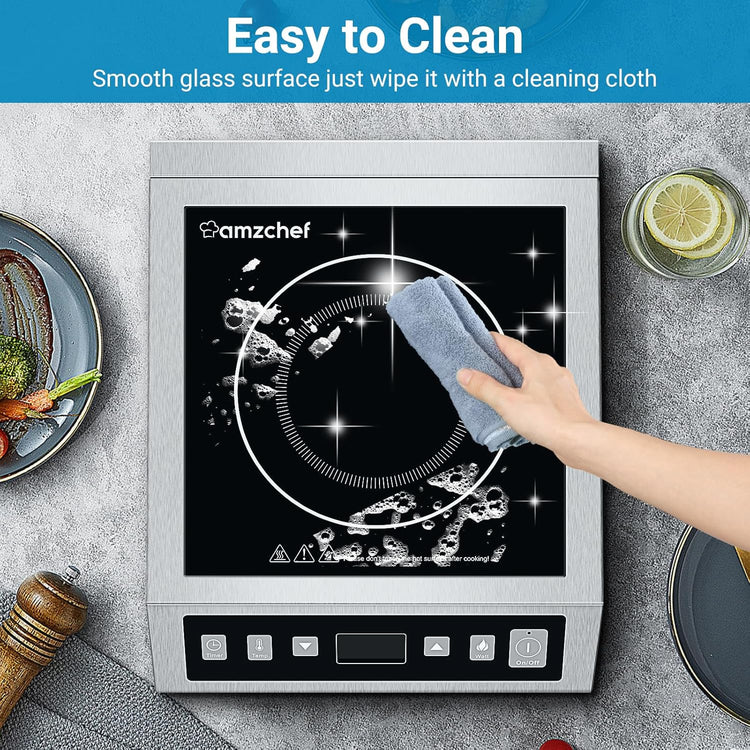 AMZCHEF Induction Cooktop Commercial, Professional Portable Burner, 1800W Countertop Stove Burner with ETL-Certified Induction Hot Plate 3 Hours Timer,8 Temperature & Power Levels,LCD Screen
